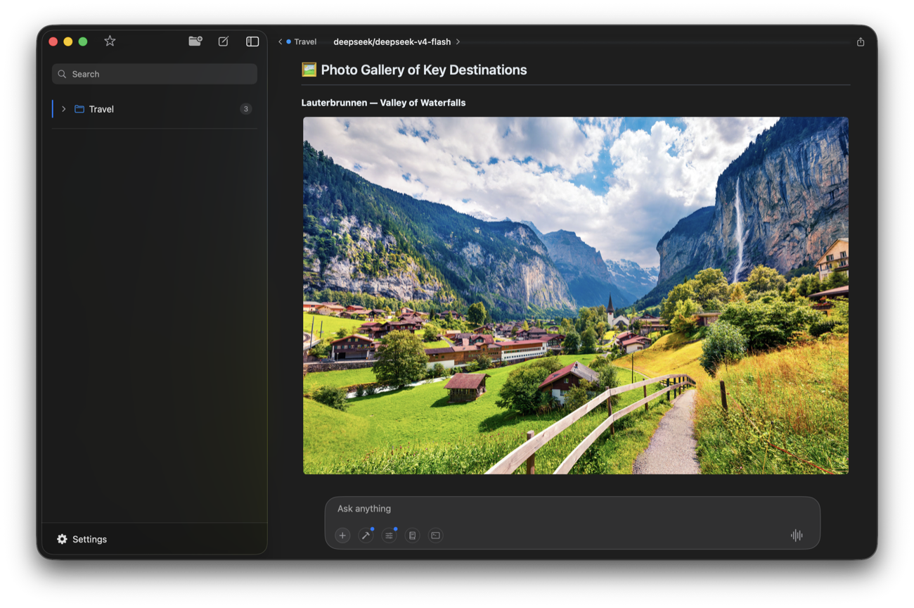 AI photo gallery of key destinations — the Lauterbrunnen Valley of Waterfalls — in Elvean travel planning on Mac
