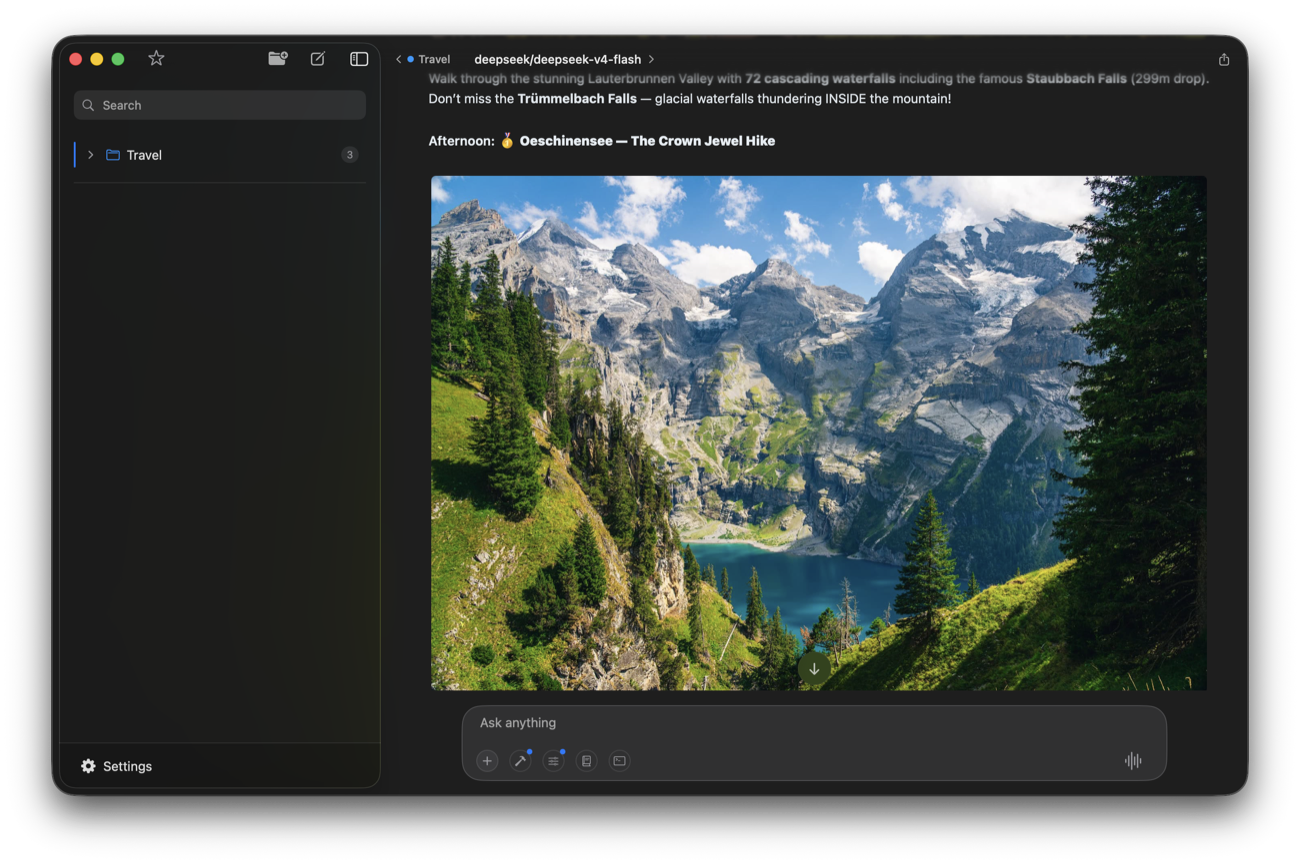 AI-curated photo of the Oeschinensee hike in Switzerland, surfaced during AI trip planning in Elvean for Mac