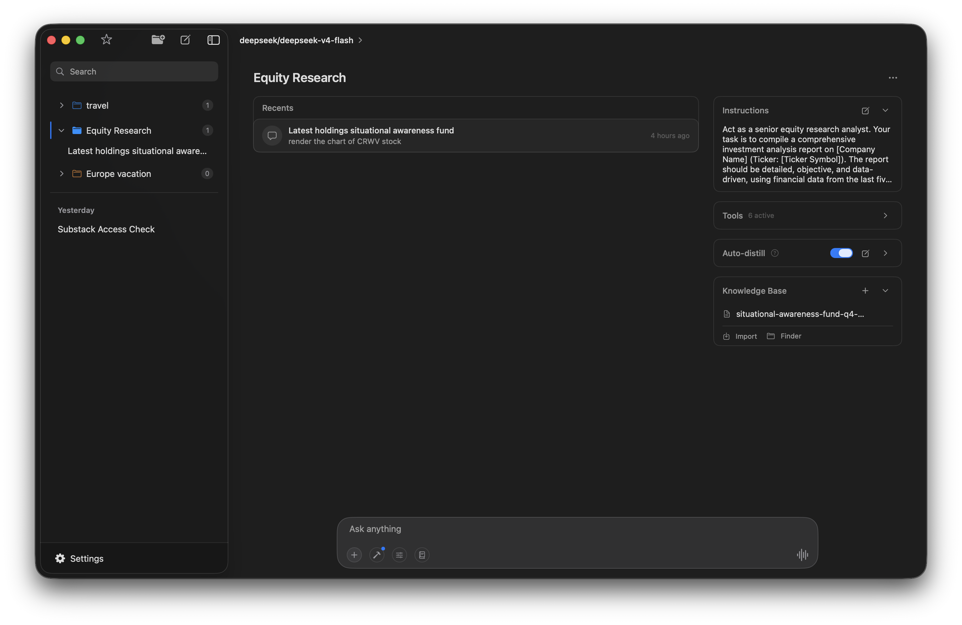 Elvean equity research project with system instructions, auto-distill, and Knowledge Base on Mac