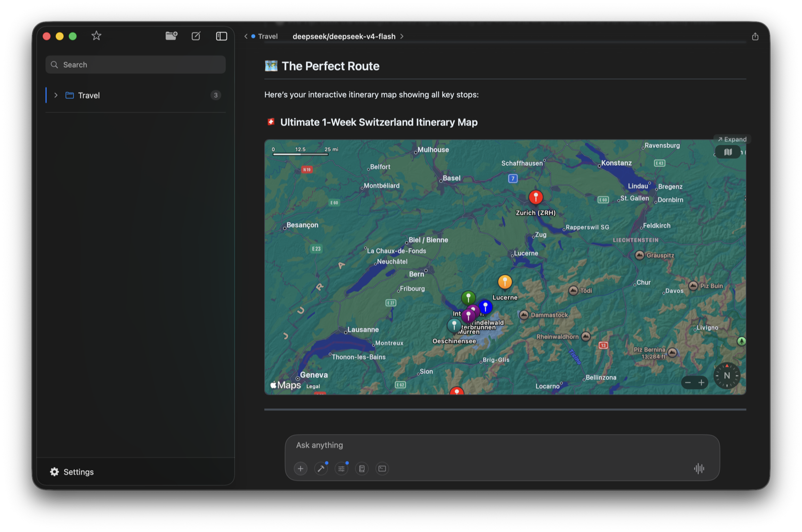 AI-generated 1-week Switzerland itinerary on an interactive Apple Maps view in Elvean for Mac