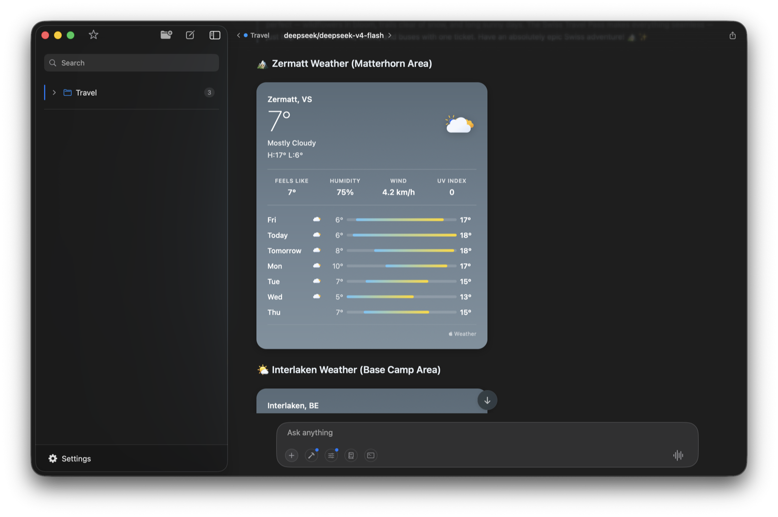 Zermatt weather forecast via Apple WeatherKit during AI trip planning in Elvean for Mac