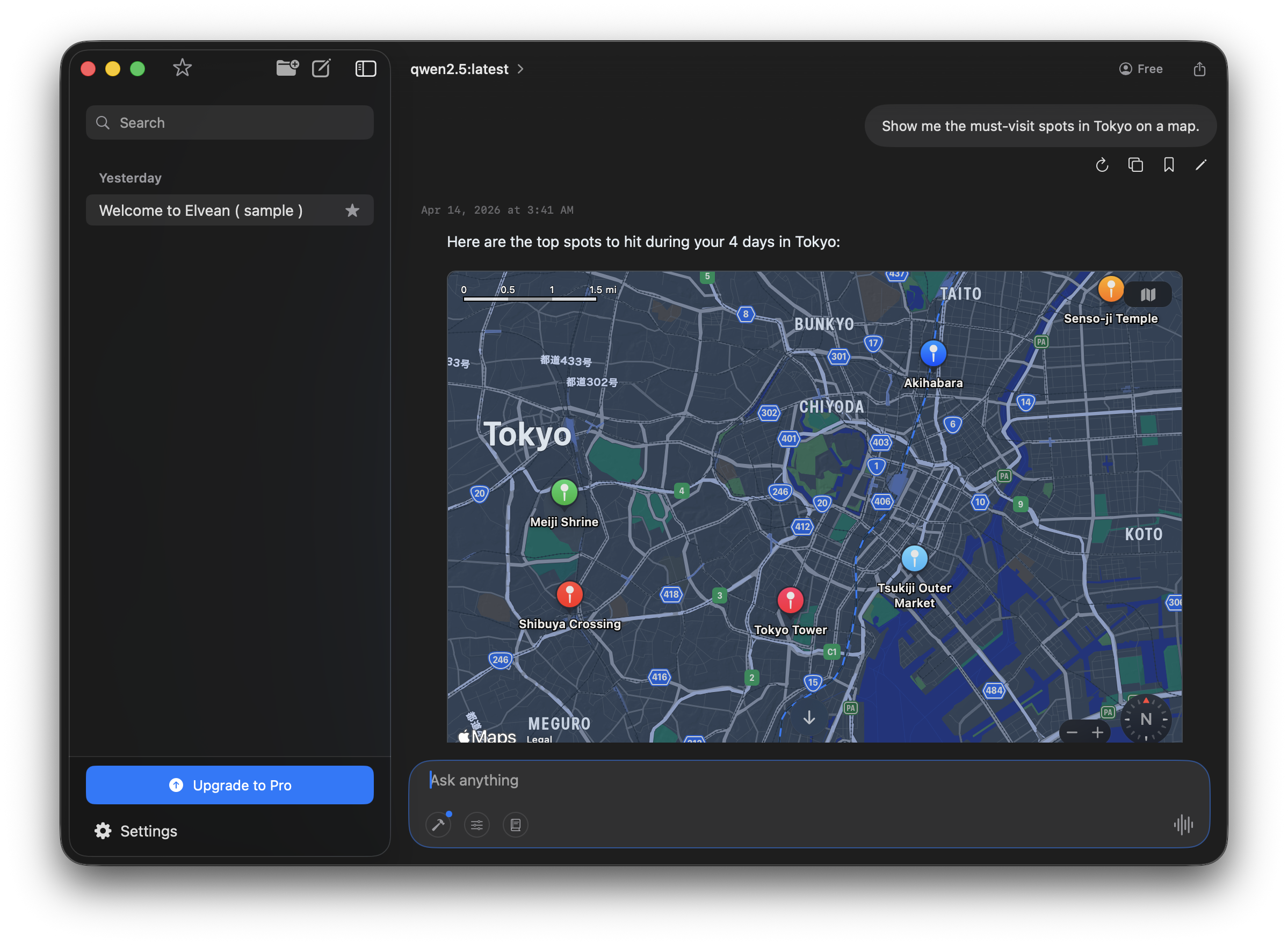 Local Ollama model rendering an interactive Apple Map inline