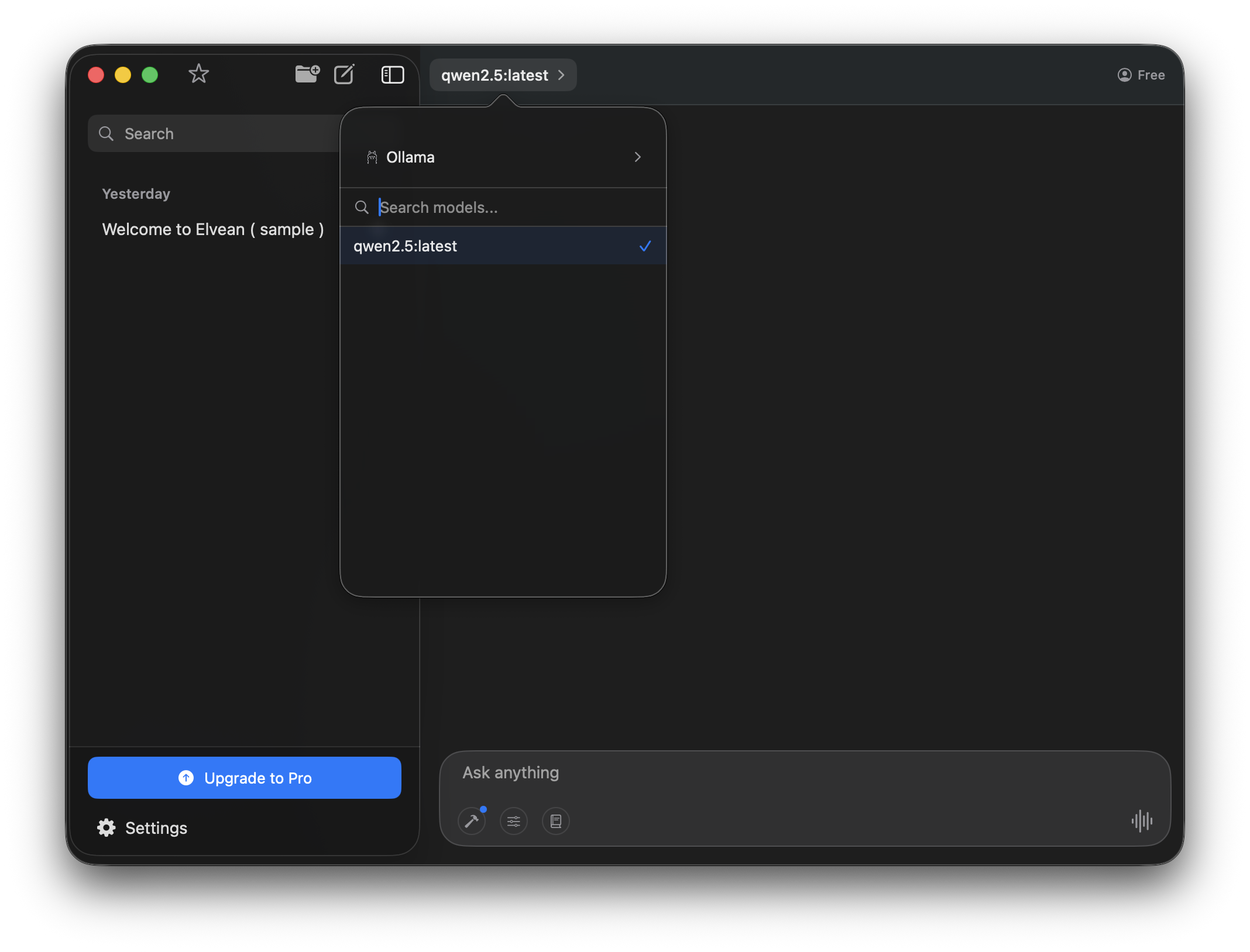 Elvean model picker showing Ollama models