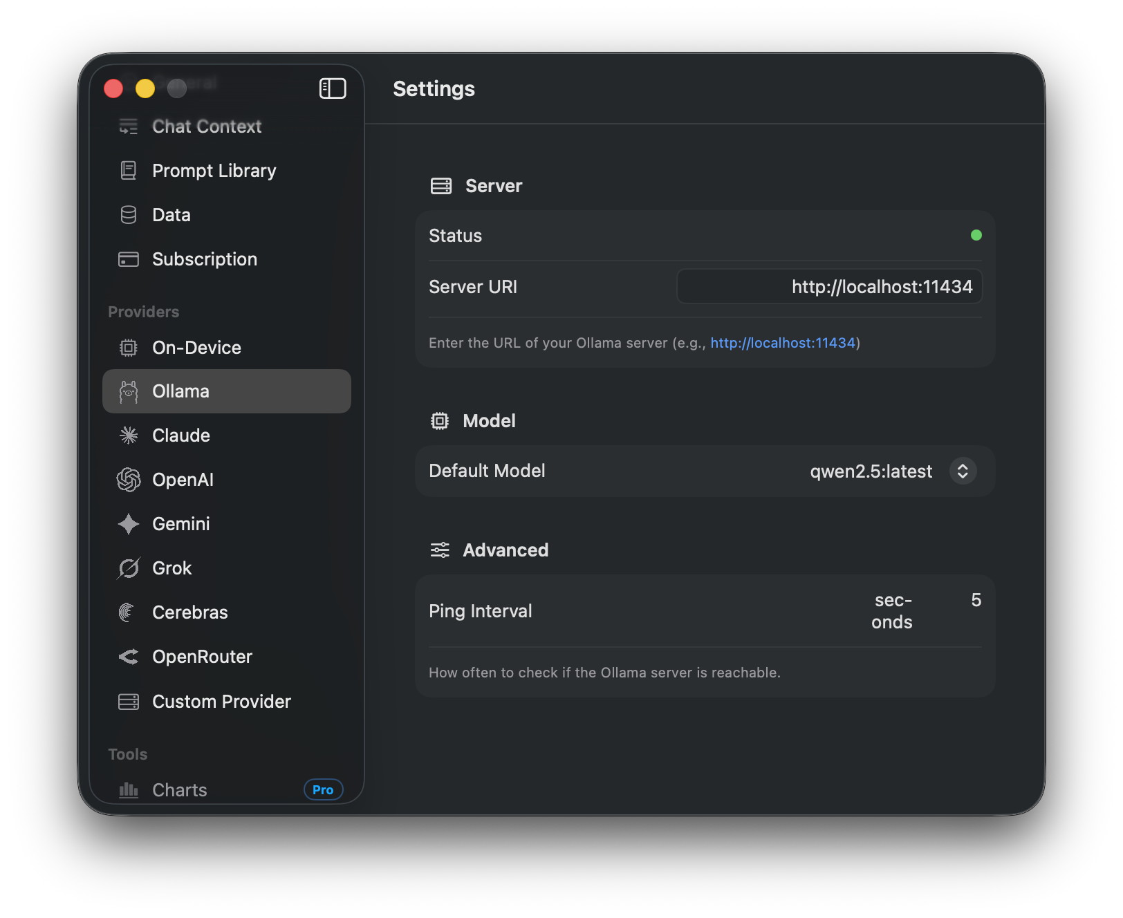 Elvean Ollama settings showing server URI and default model