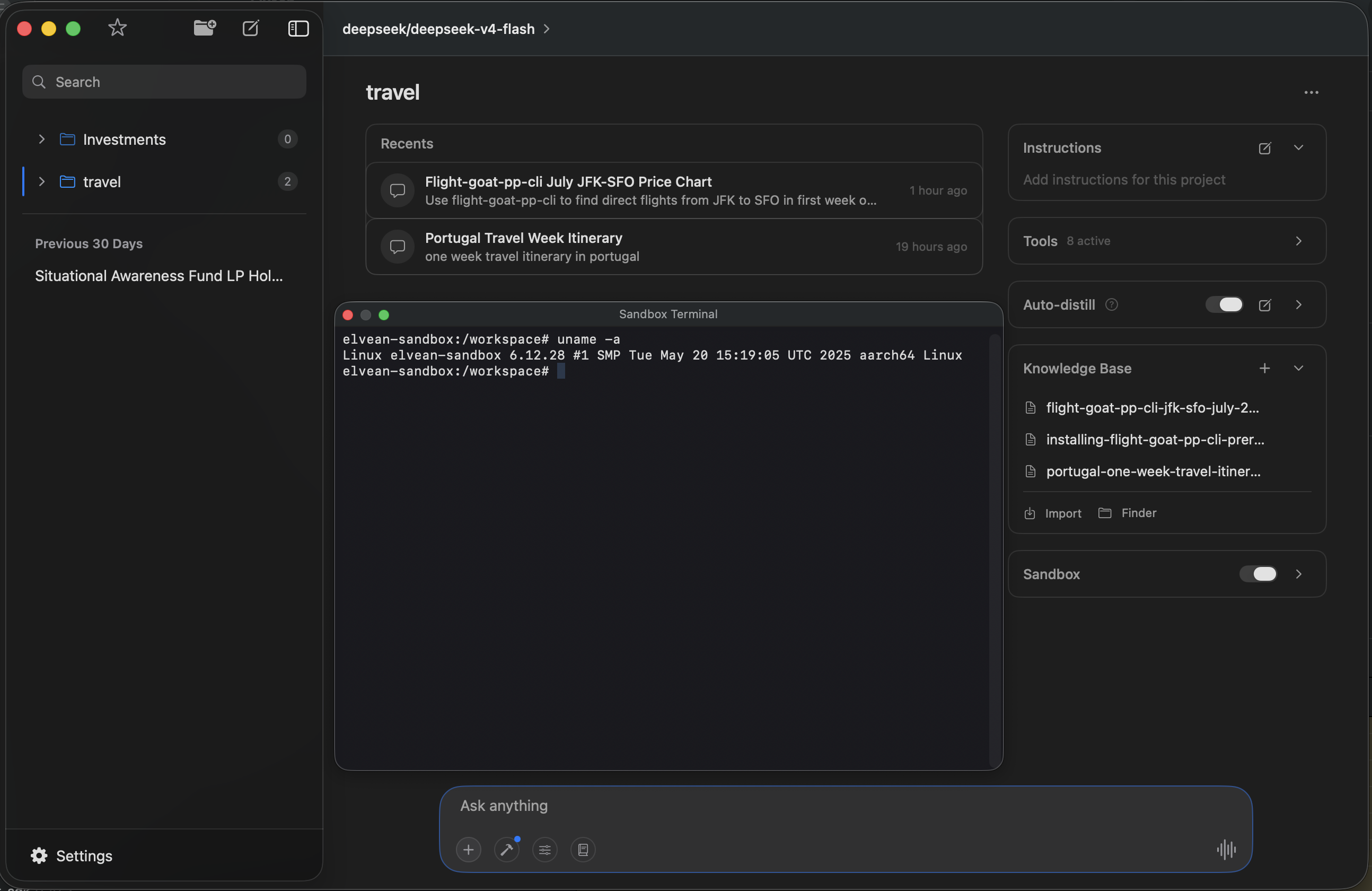 Sandbox workspace with Linux terminal inside Elvean