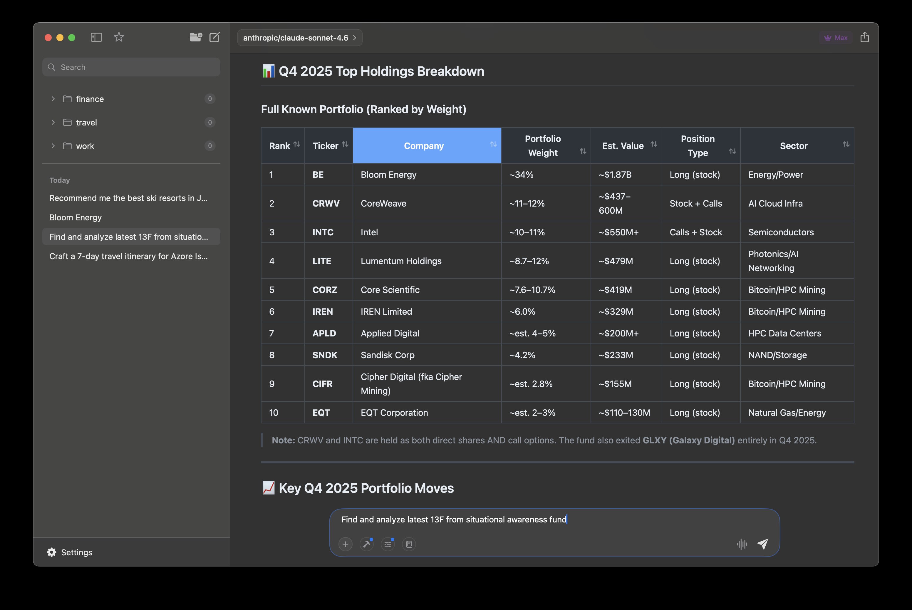 Portfolio analysis with dynamic sortable tables