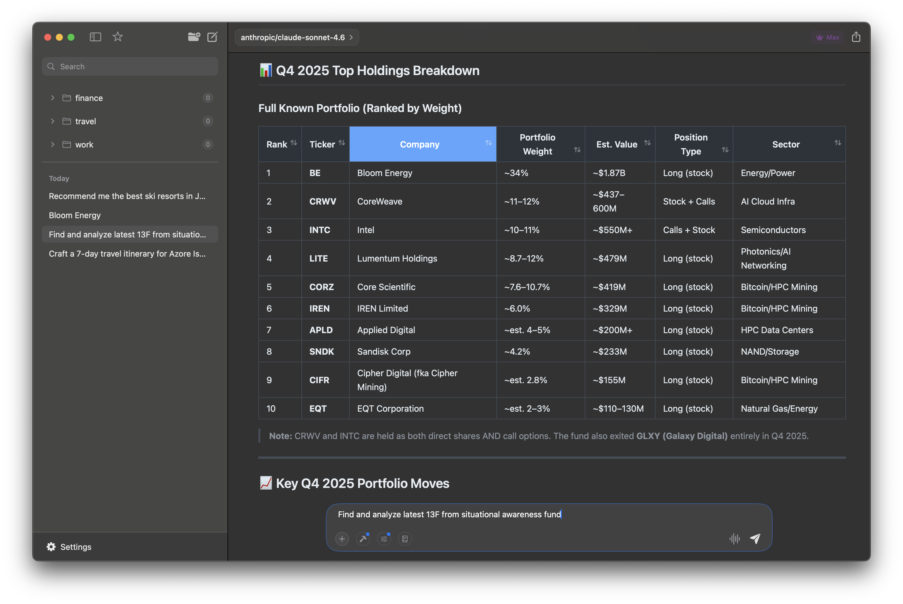 Portfolio analysis with dynamic sortable tables