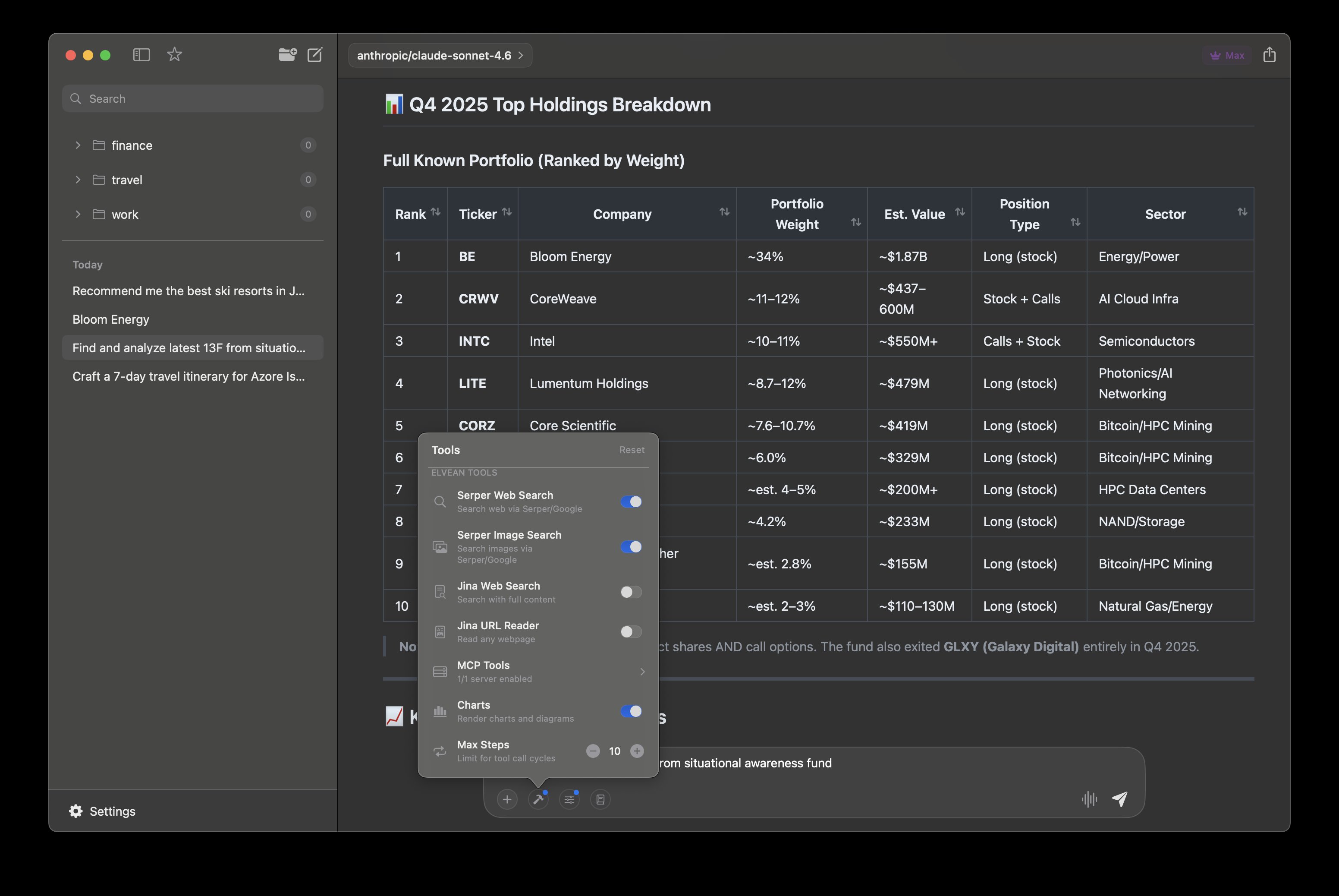 Tools panel with web search, MCP, and chart controls