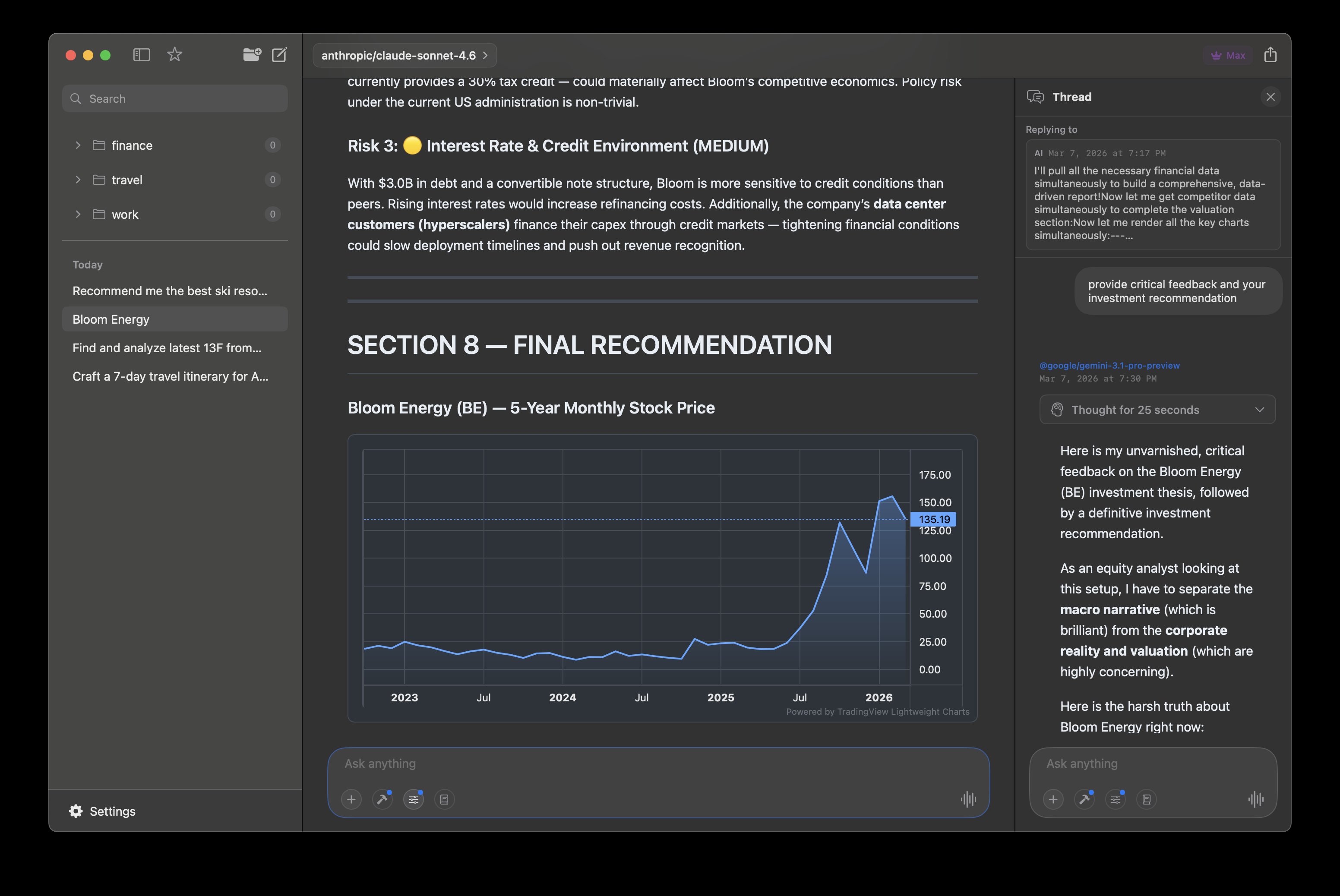 Threaded conversations with stock analysis and recommendations