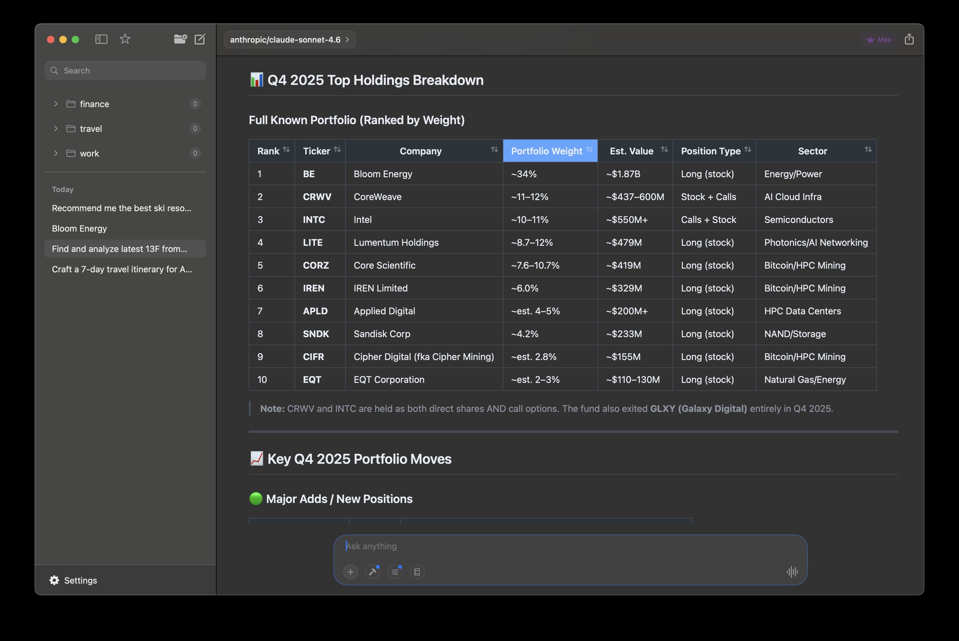 Portfolio breakdown with holdings and key moves