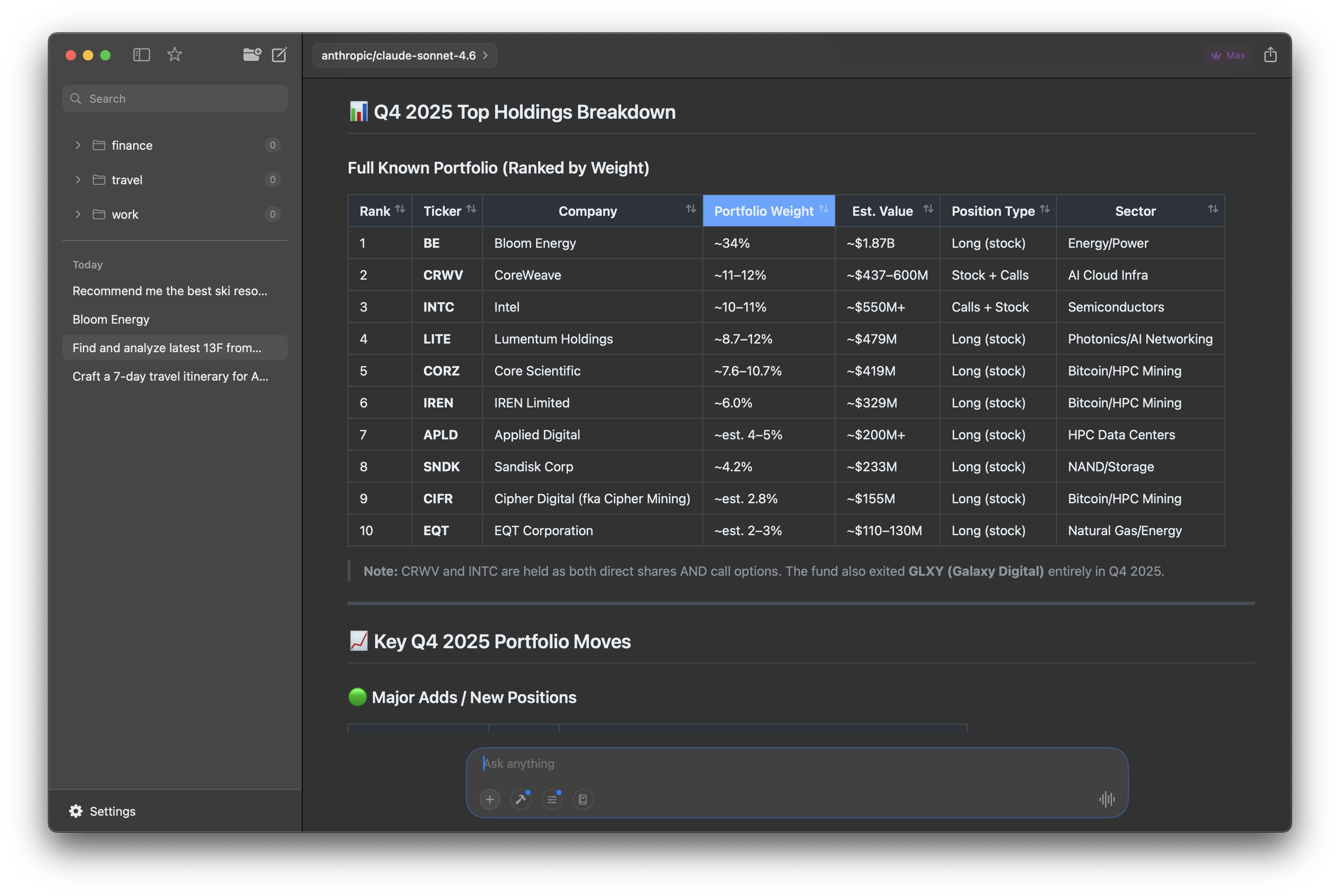 Portfolio breakdown with holdings and key moves