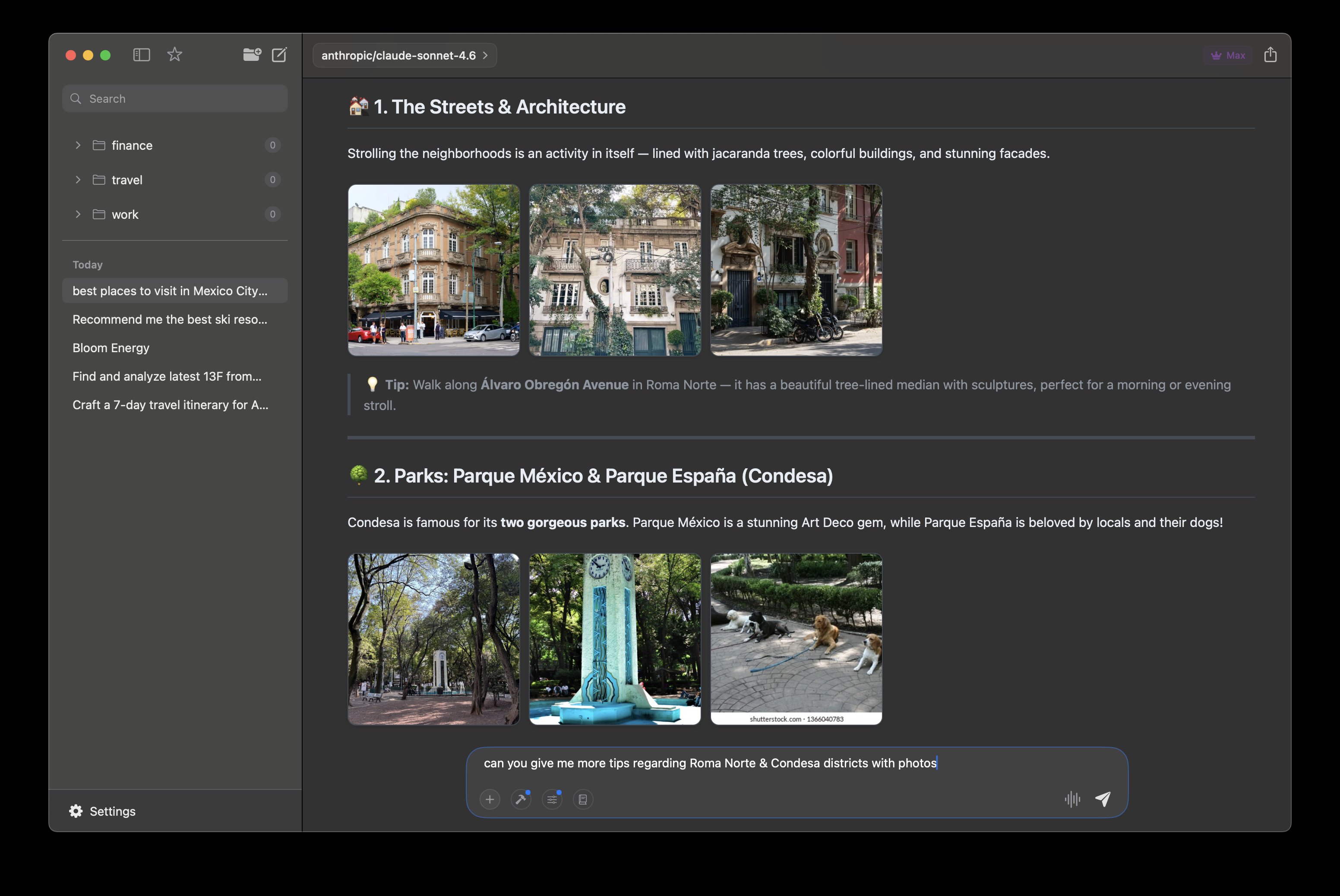 Gallery layout with photos of streets, parks, and architecture