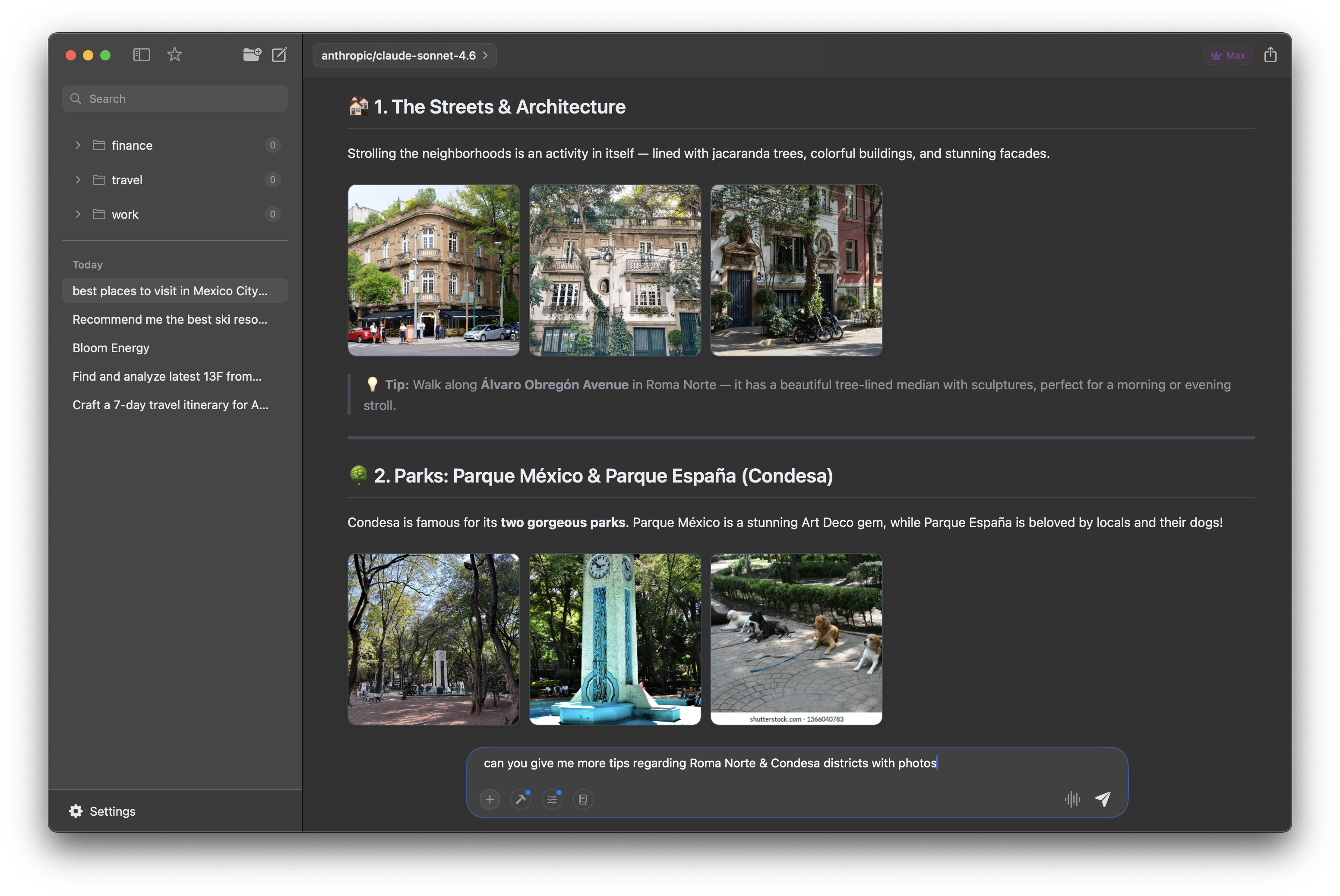 Gallery layout with photos of streets, parks, and architecture