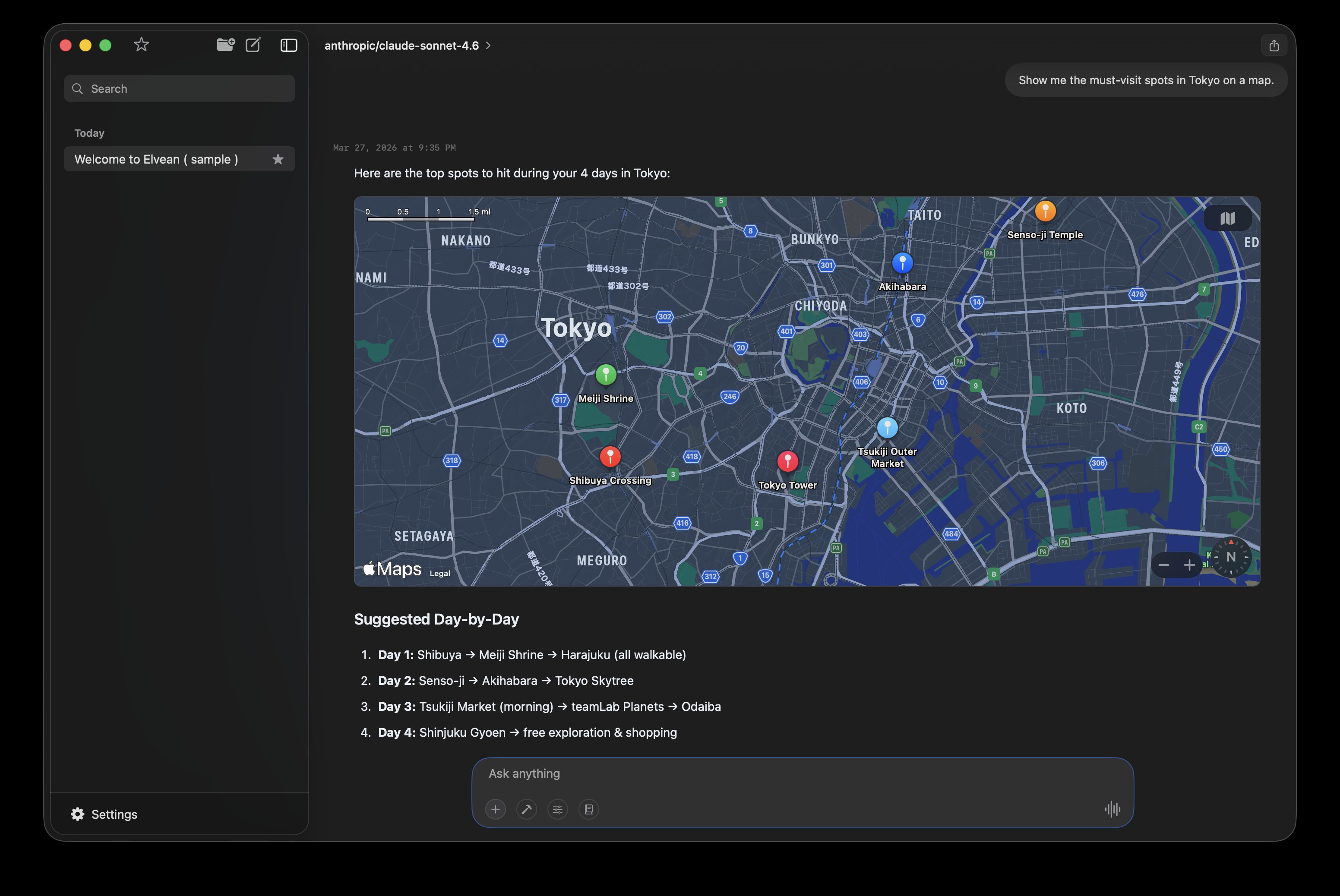 Native maps integration showing Tokyo travel spots
