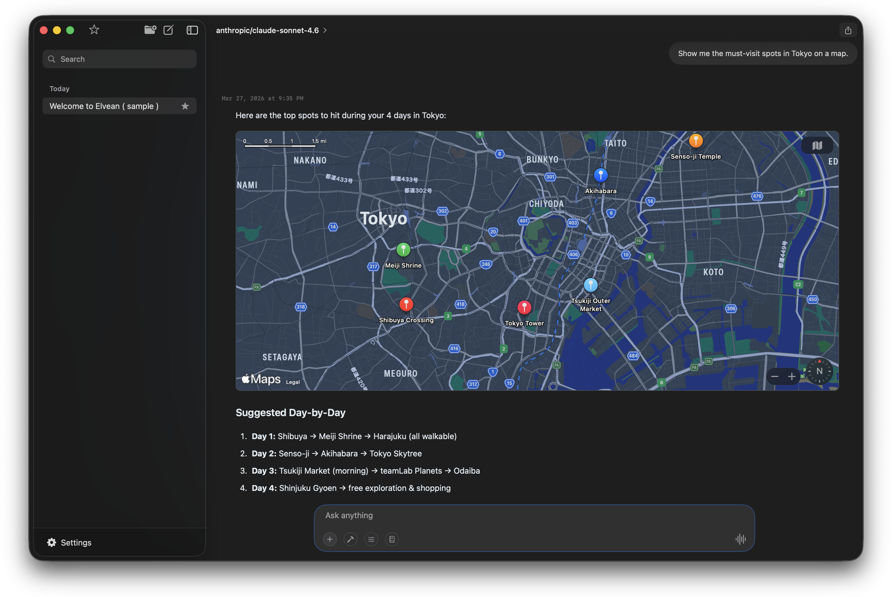 Native maps integration showing Tokyo travel spots